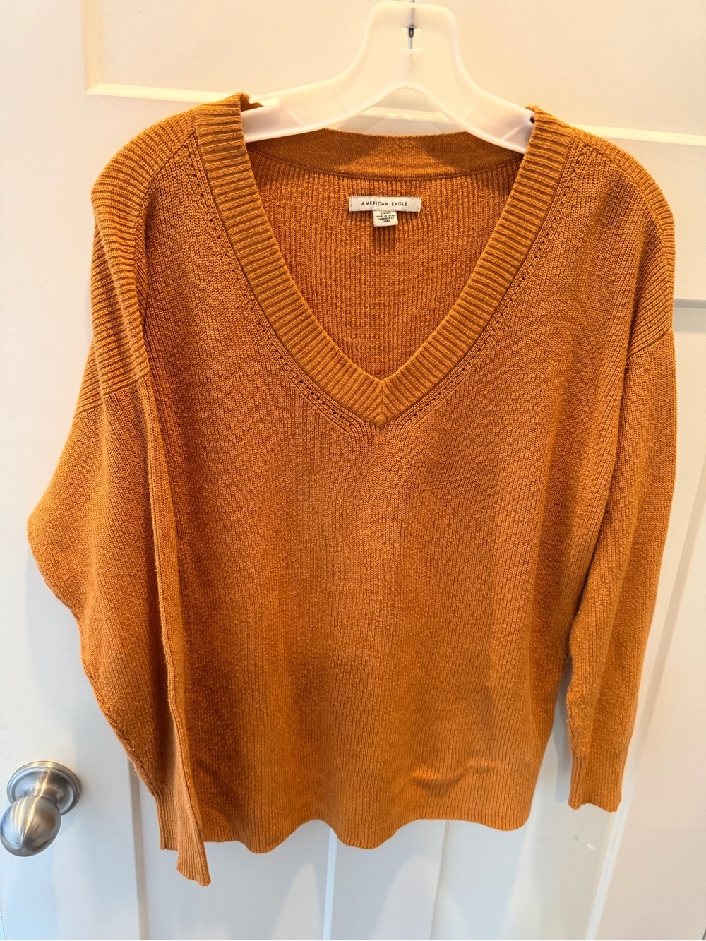 American Eagle Oversized V Neck Sweater Camel Brown Slouchy Knit S